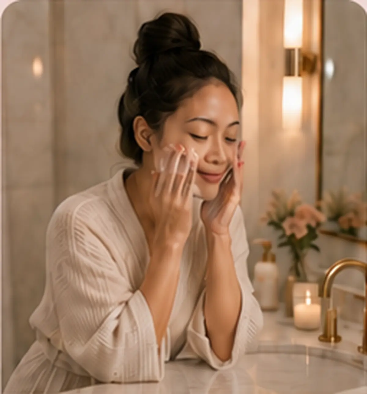Woman washing her face as a gentle cue that the day is winding down