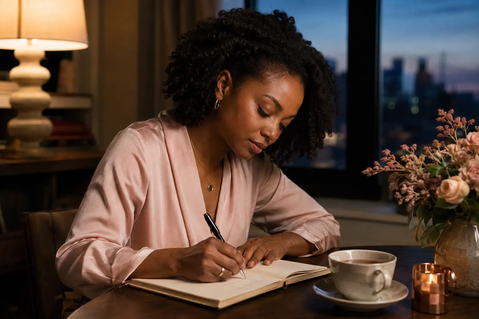 A younger Black woman in a soft-pink blouse writing in a journal during an evening reflection