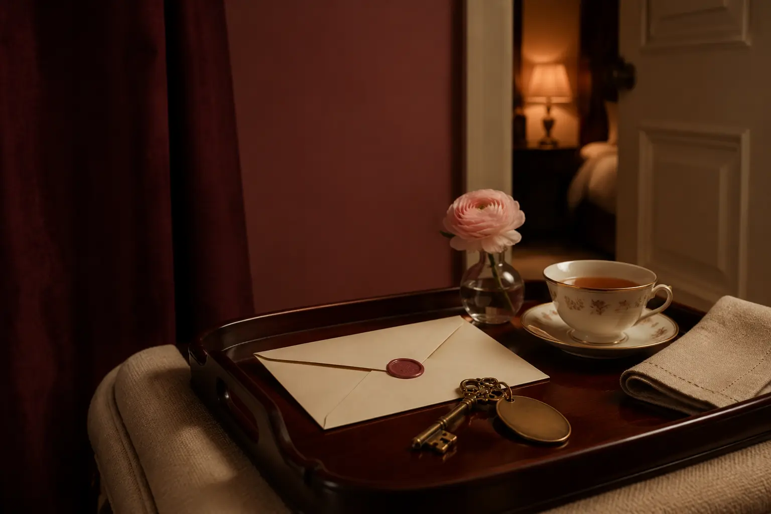 A sealed ivory envelope, antique room key, tea, and a pink flower on a rosewood room-service tray at dusk