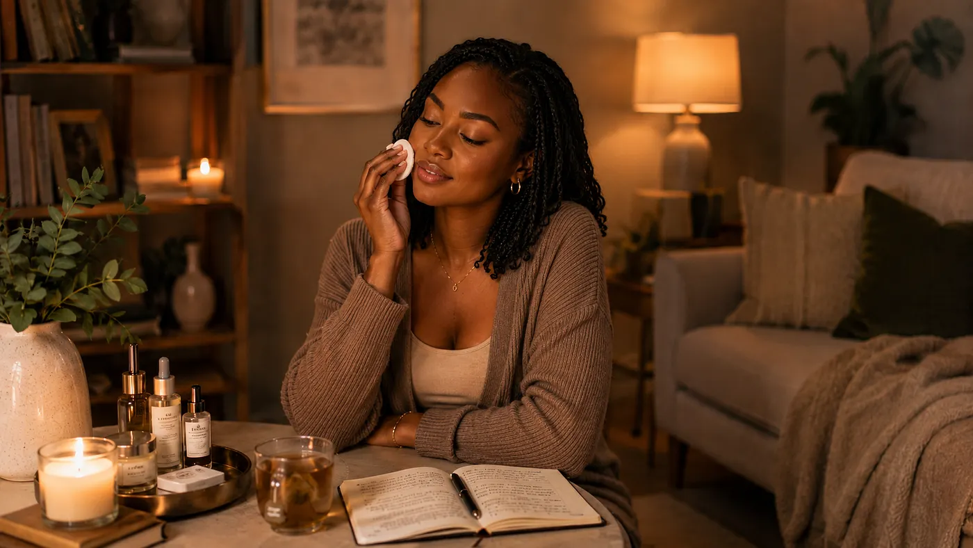 A woman in a cozy evening room doing skincare beside a journal, tea, candle, and beauty products
